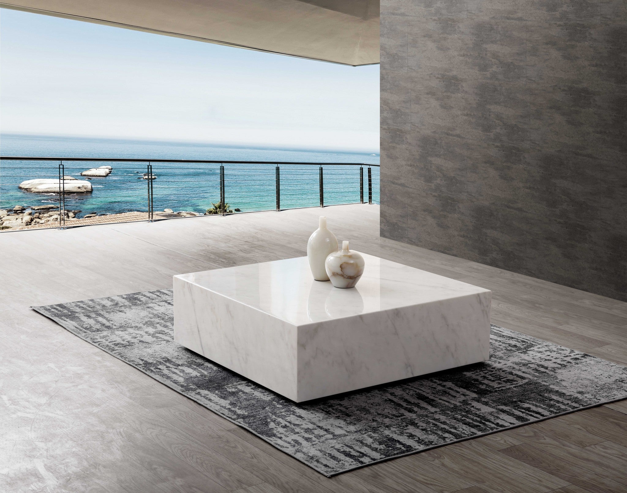 Wheels of 35" White Marble and Brass Coffee Table for easy mobility