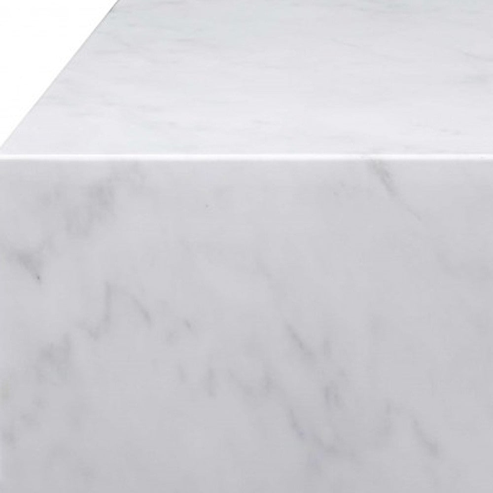 Side angle of 35" White Marble and Brass Square Coffee Table showcasing brass legs