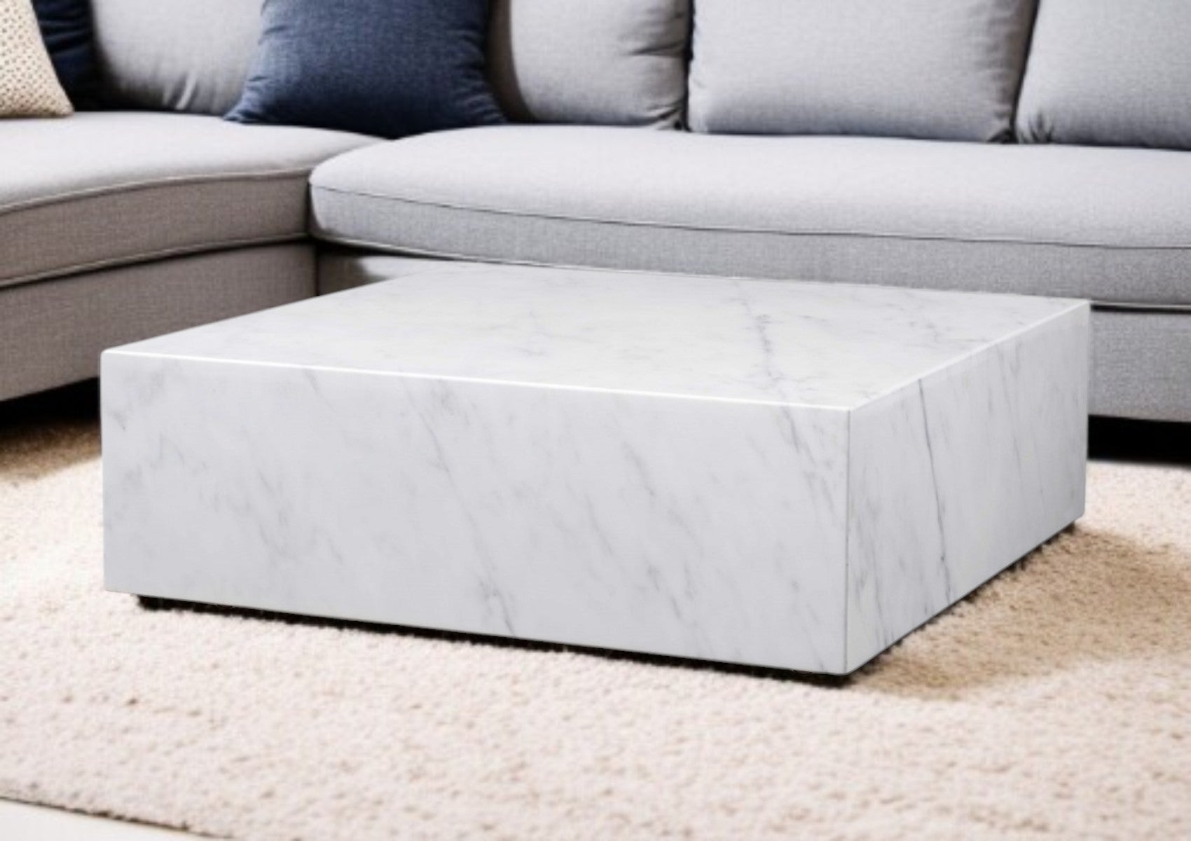 Back view of 35" White Marble Coffee Table highlighting craftsmanship