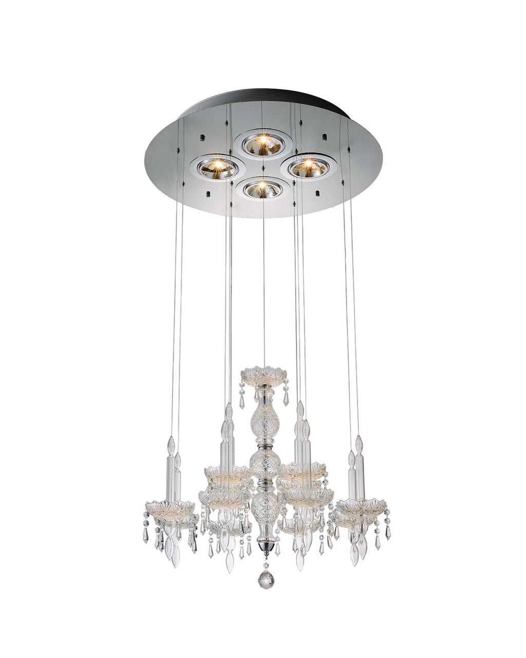 Side view of Elegant Four-Light Metal and Glass Chandelier illuminating a room