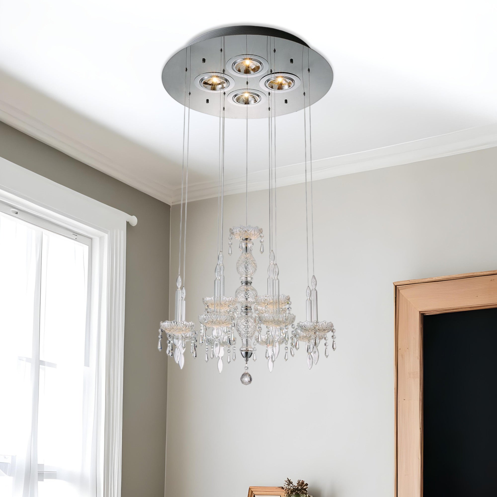 Front view of Elegant Four-Light Metal and Glass Chandelier by Homeroots