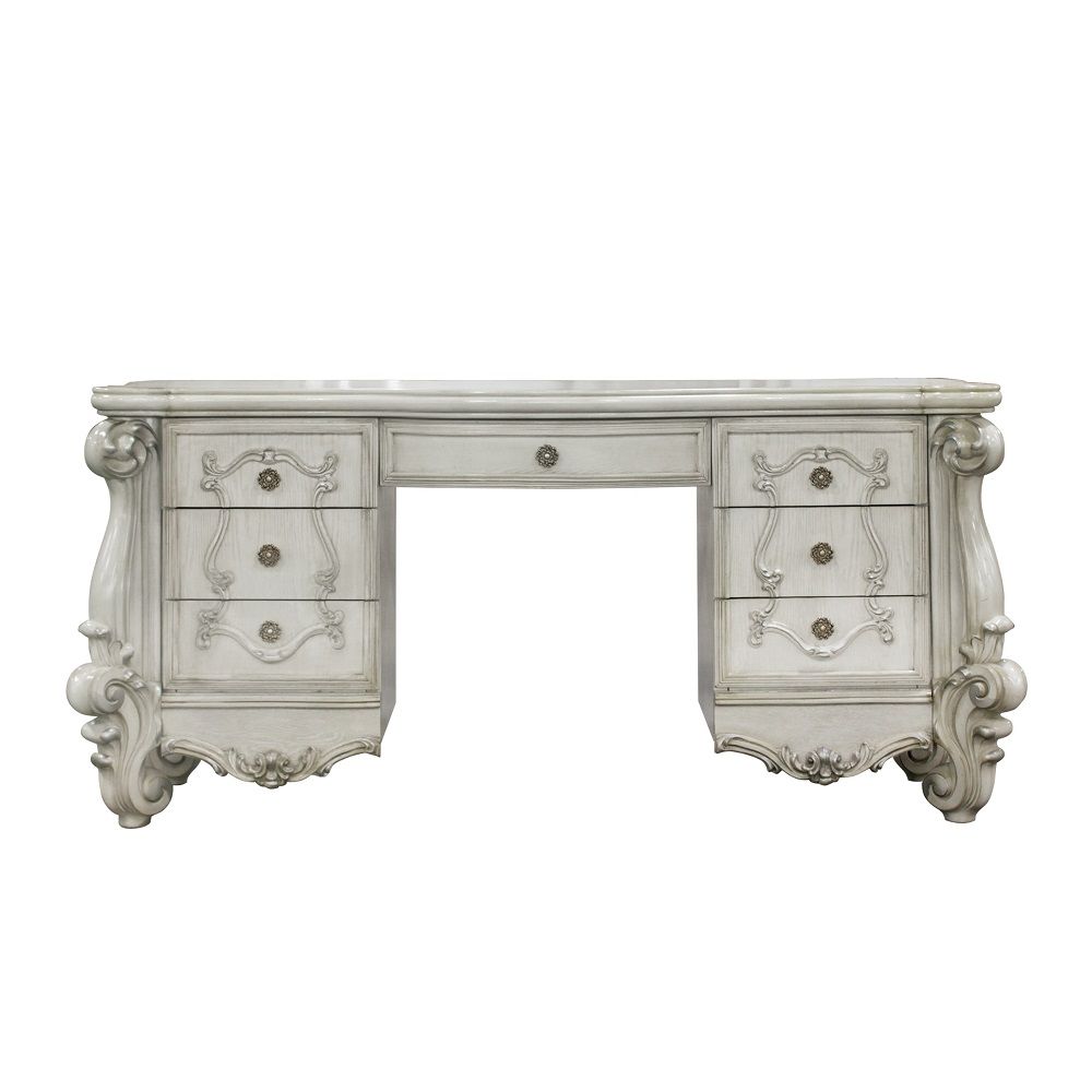 67" Antiqued White Wood Vanity Table With Seven Drawers