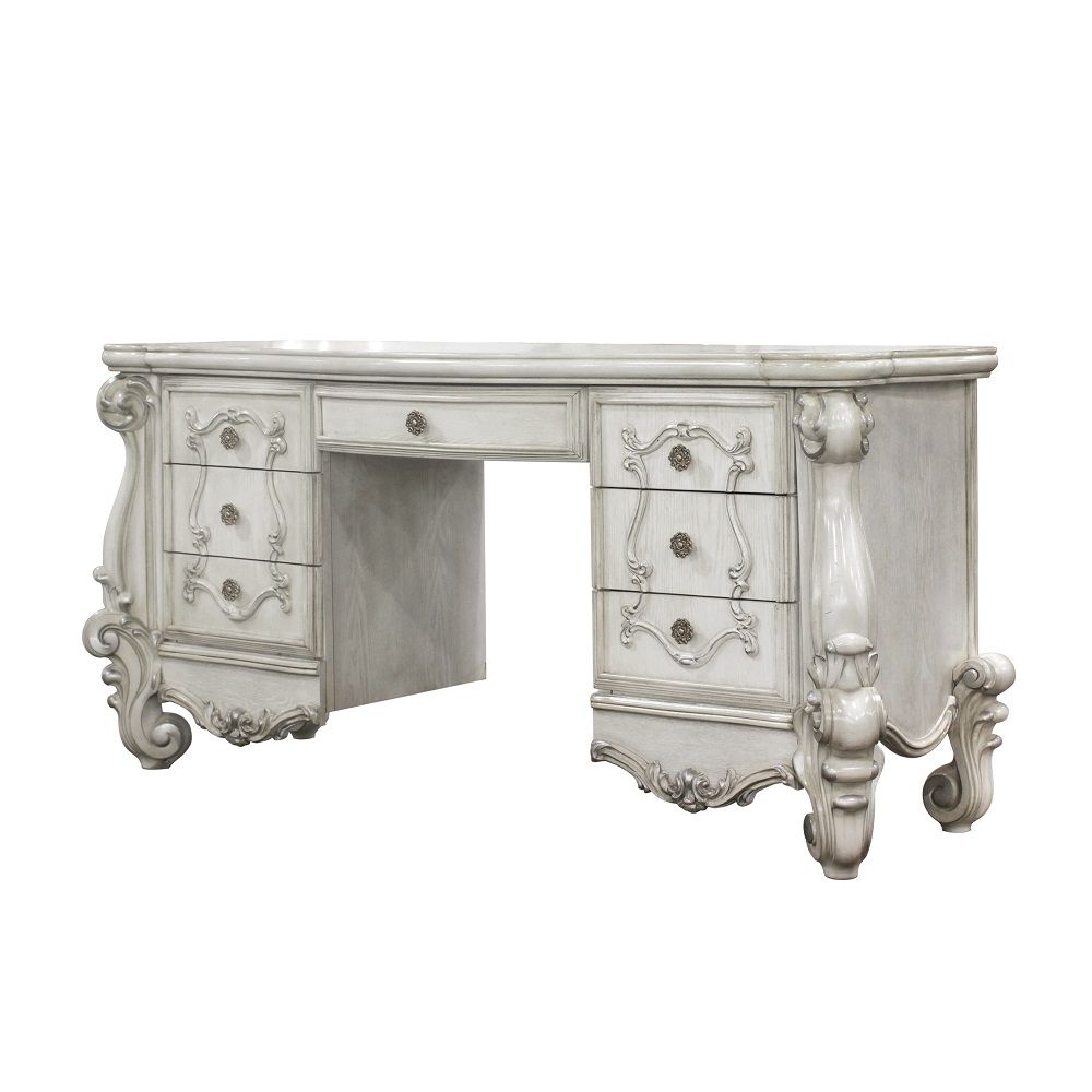 67" Antiqued White Wood Vanity Table With Seven Drawers