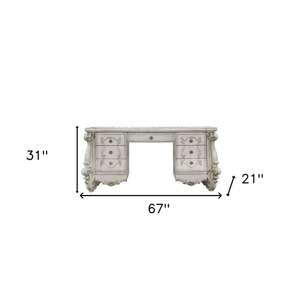 67" Antiqued White Wood Vanity Table With Seven Drawers