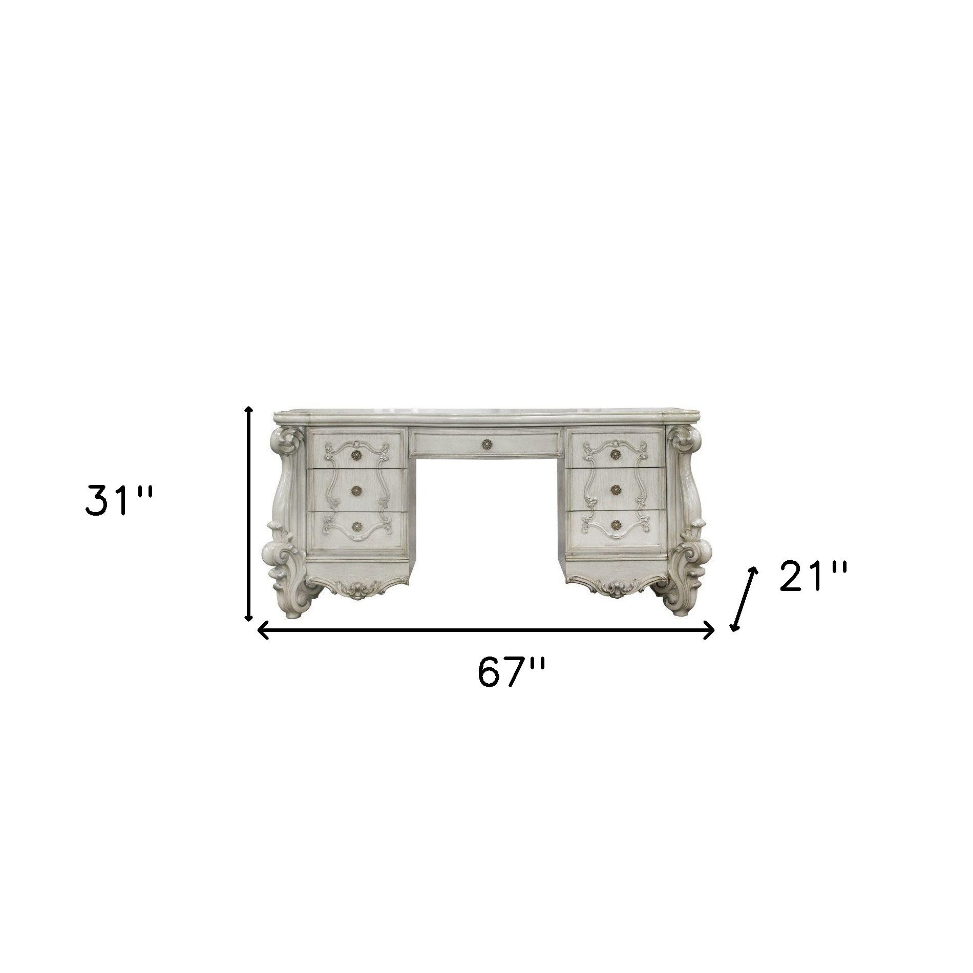 67" Antiqued White Wood Vanity Table With Seven Drawers