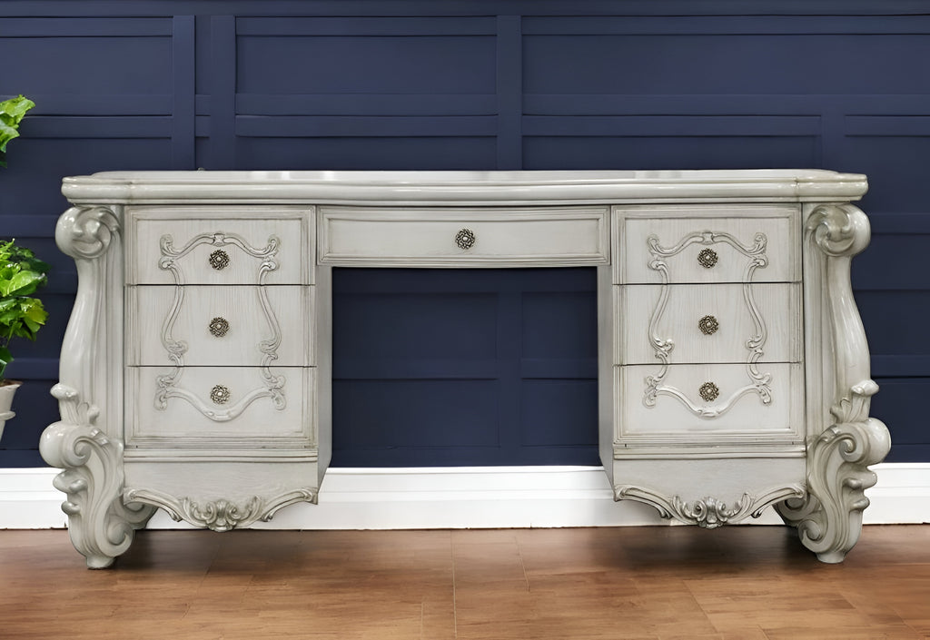 67" Antiqued White Wood Vanity Table With Seven Drawers