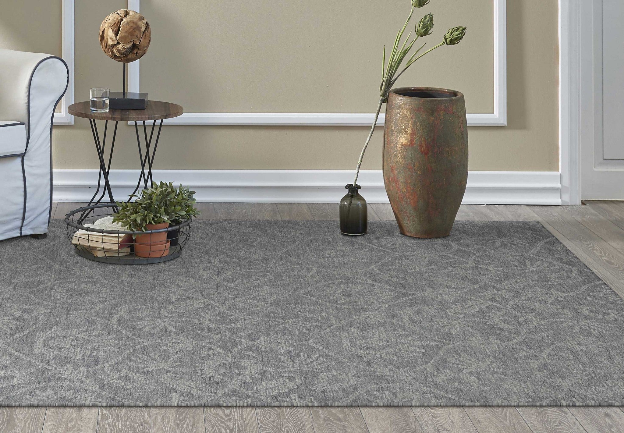 Side angle of the 9' x 13' Gray Floral Medallion Area Rug by Homeroots
