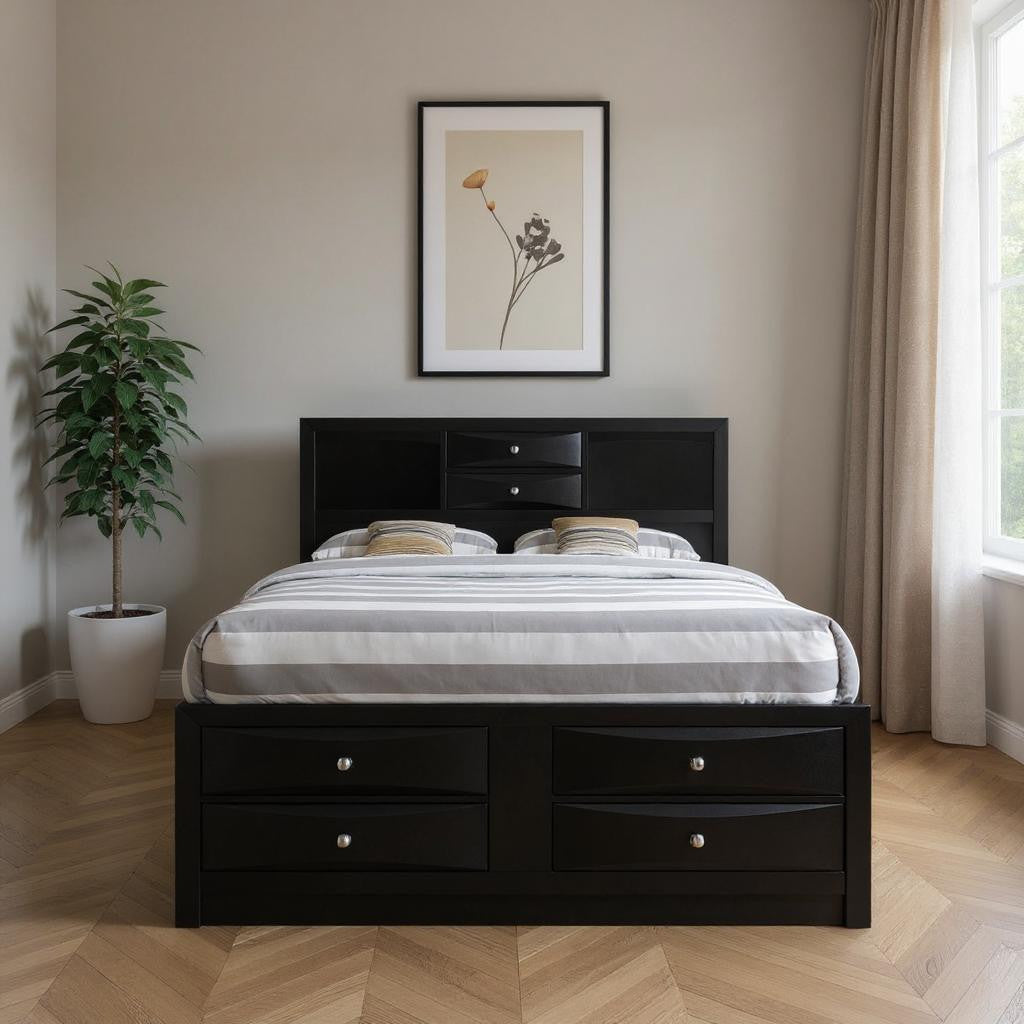 Elegant Black Wood King Bed Frame styled with modern decor elements
