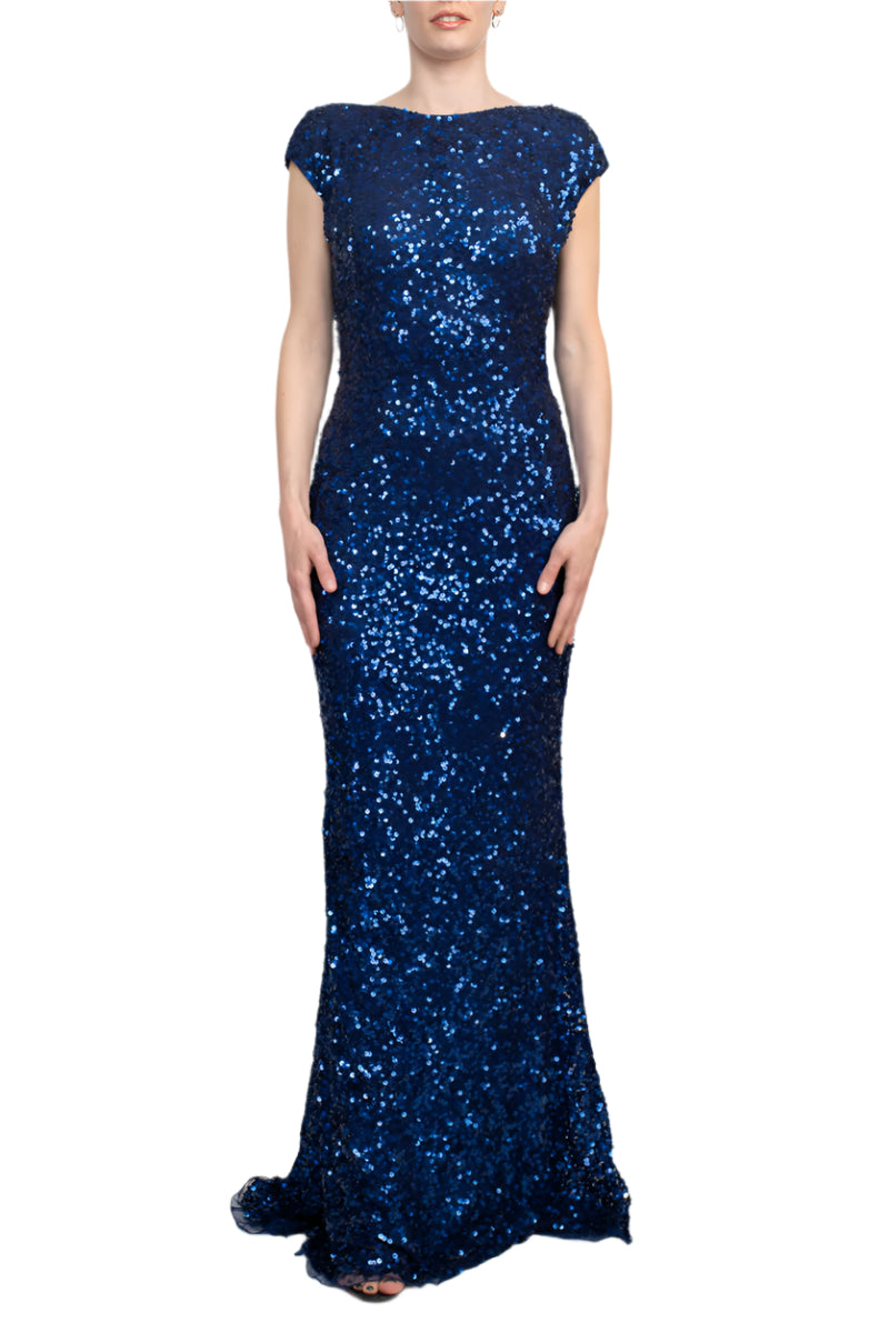 Model wearing Primavera Boat Neck Cap Sleeve Gown at a gala