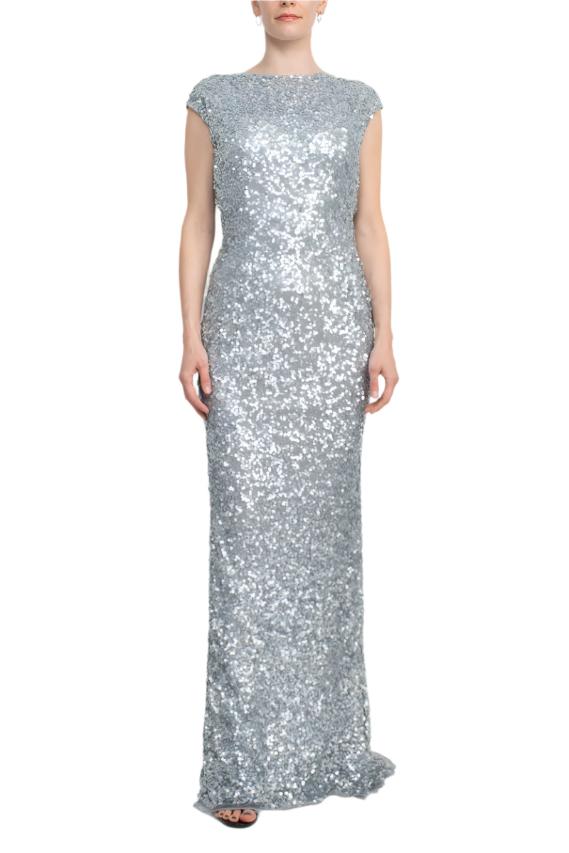 Front view of Primavera Boat Neck Cap Sleeve Gown in shimmering sequins
