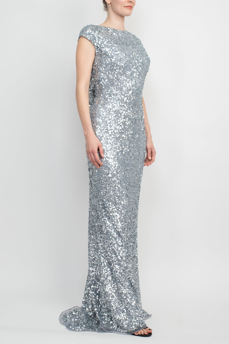 Back view showcasing the cowl design of Primavera Sequined Gown