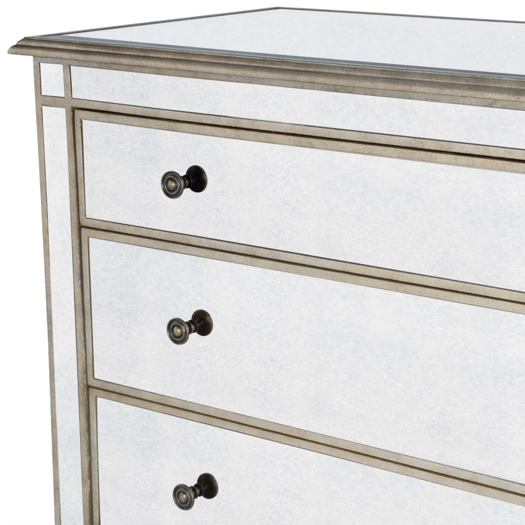 Side angle of the Mirrored Three Drawer Console Storage Chest in silver