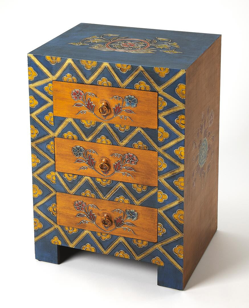 Front view of Exquisite Handcrafted 3 Drawer Accent Cabinet in navy blue by Homeroots