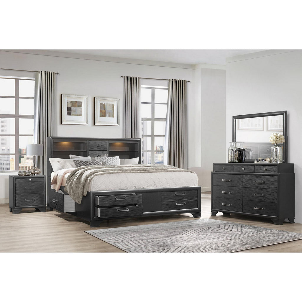 Bookcase-style headboard of Luxurious Solid Wood King Bed with storage