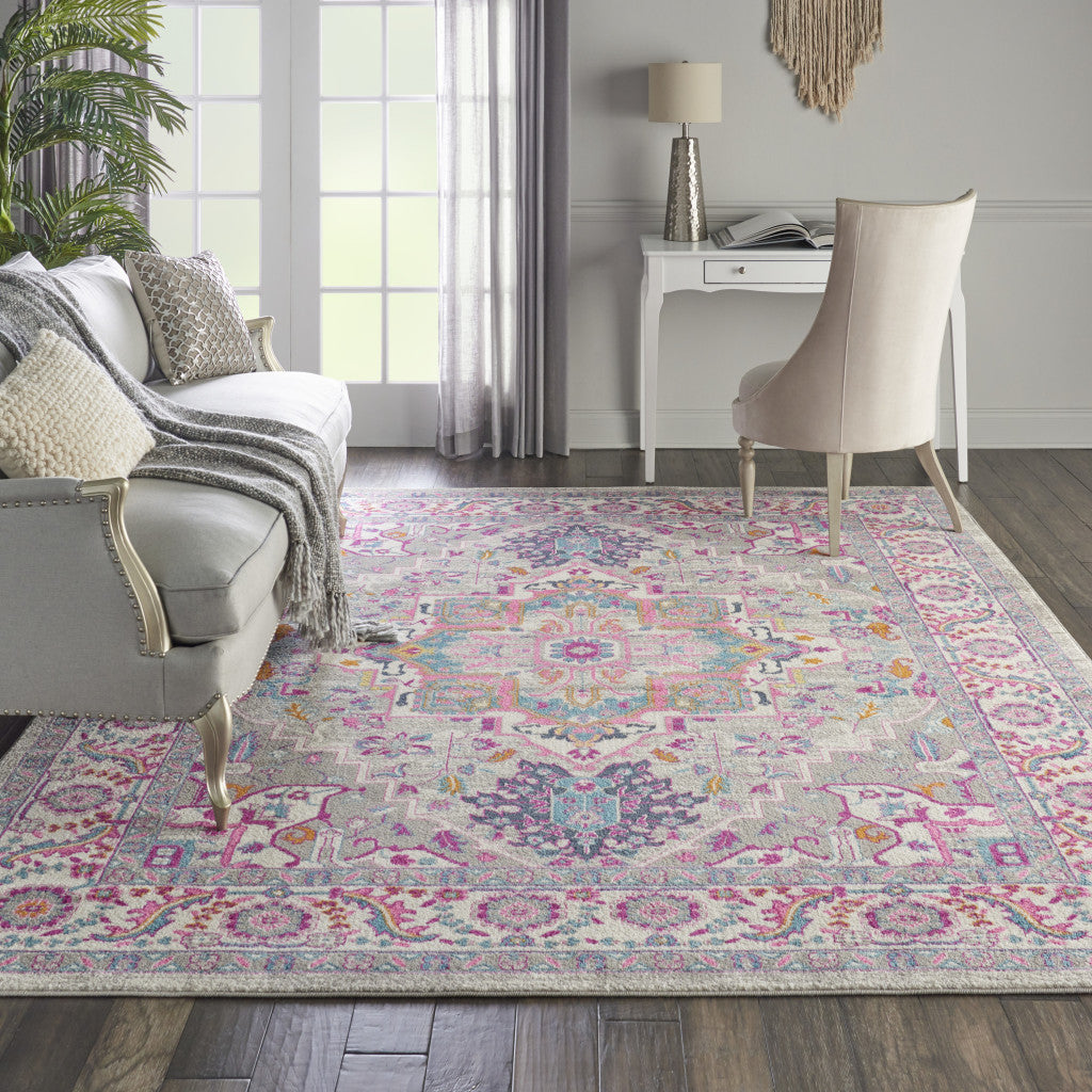8' X 10' Light Gray And Pink Medallion Area Rug
