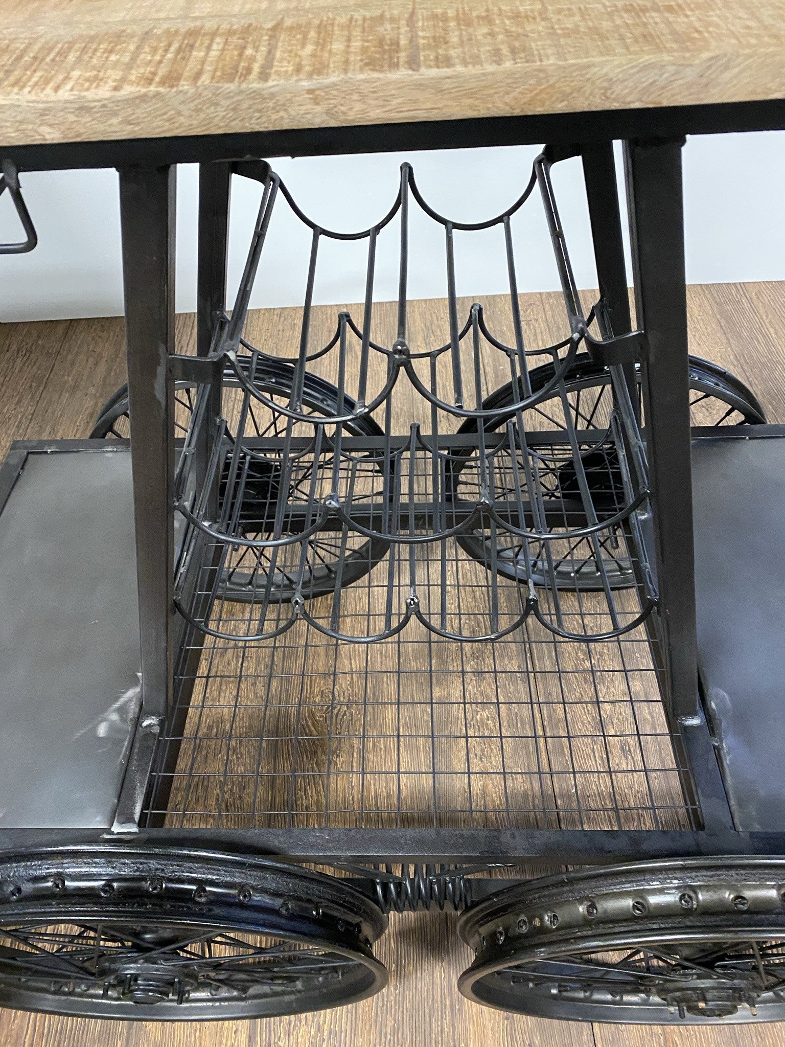 Back view highlighting the unique design of the Black Rail Car Bar Cart