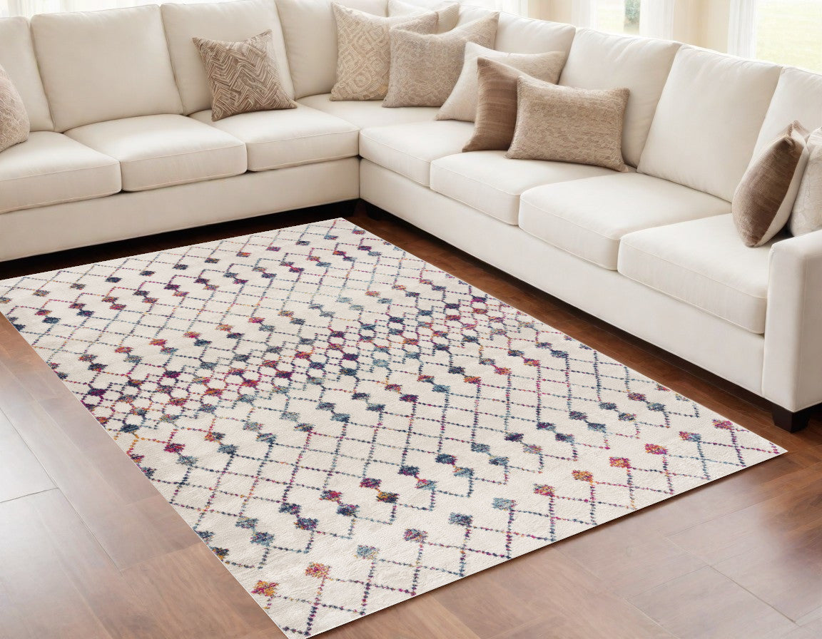 5' X 8' White Modern Geometric Grid Area Rug