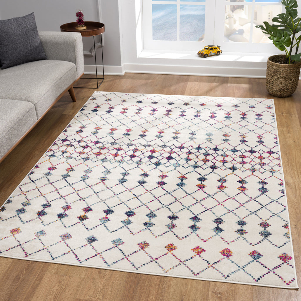 5' X 8' White Modern Geometric Grid Area Rug