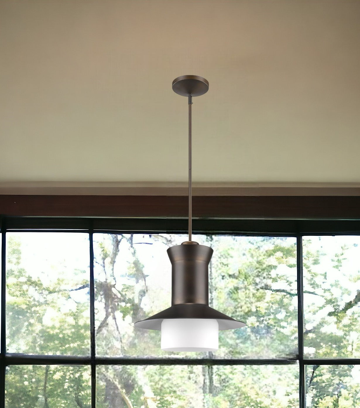 Side angle of Greta 1-Light Pendant showcasing the etched glass shade