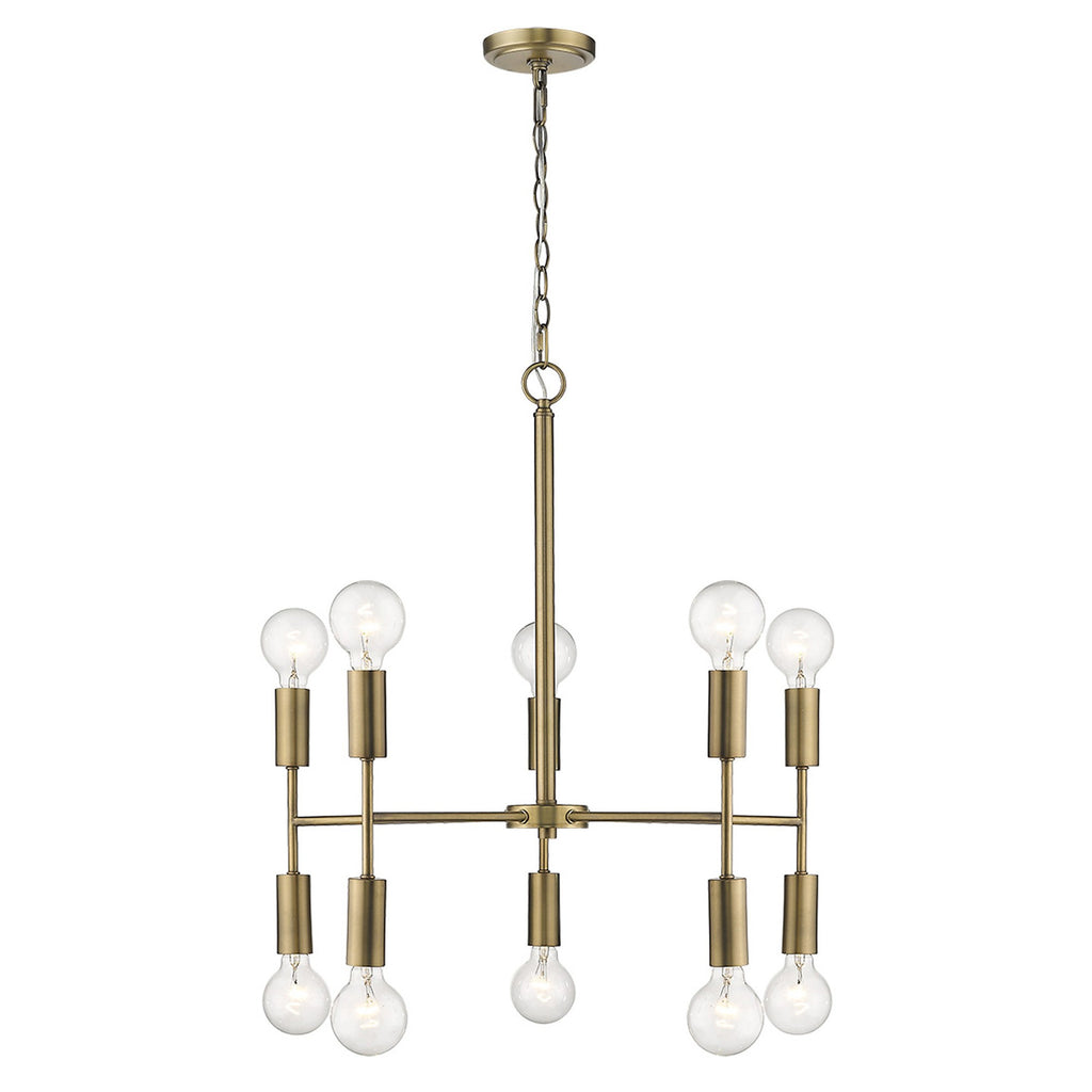 Brass Candle Style Ten Light Metal Dimmable Chandelier