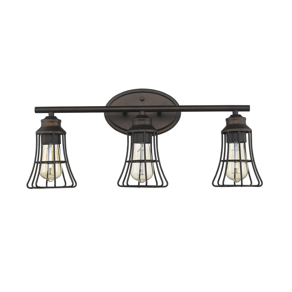 Three lights glowing brightly in the Vintage Industrial Bronze Wall Sconce