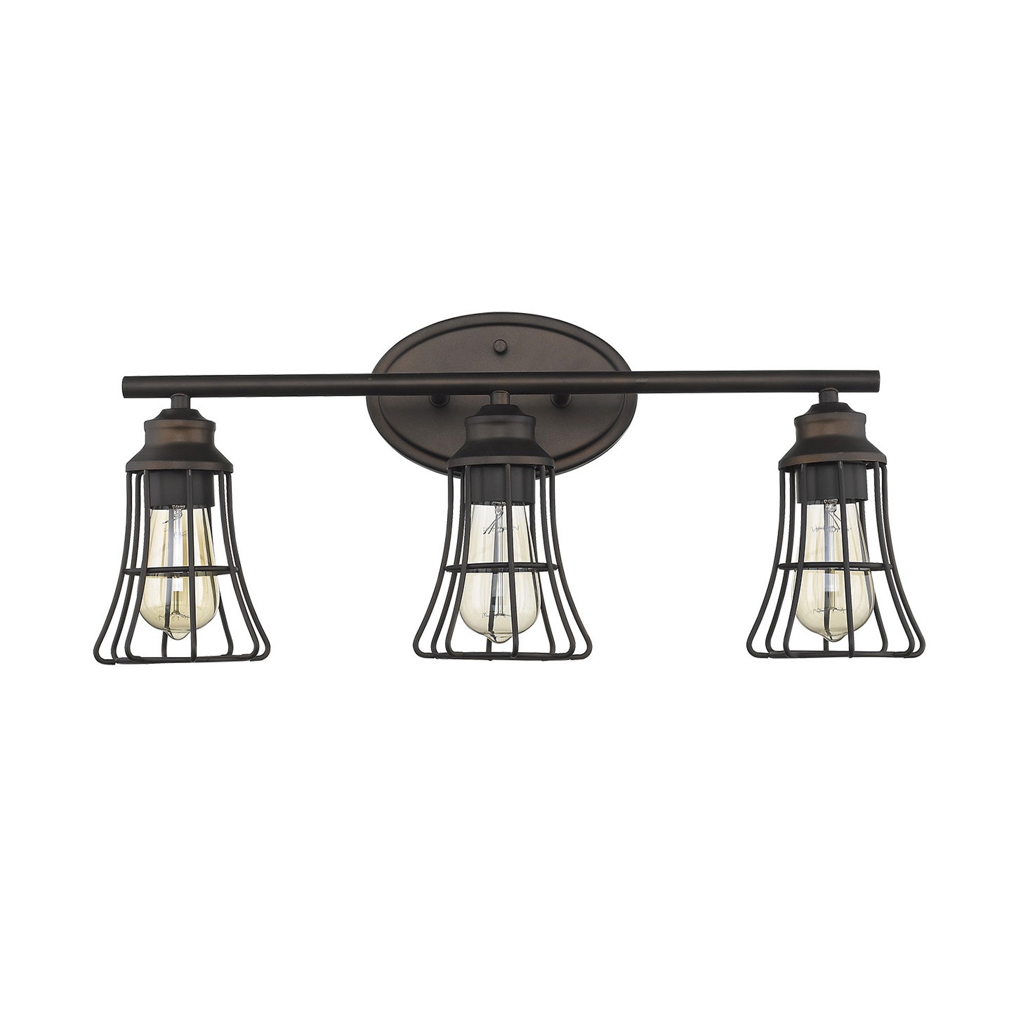 Three lights glowing brightly in the Vintage Industrial Bronze Wall Sconce