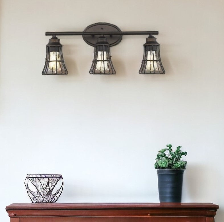 Front view of Vintage Industrial Three-Light Bronze Wall Sconce by Homeroots