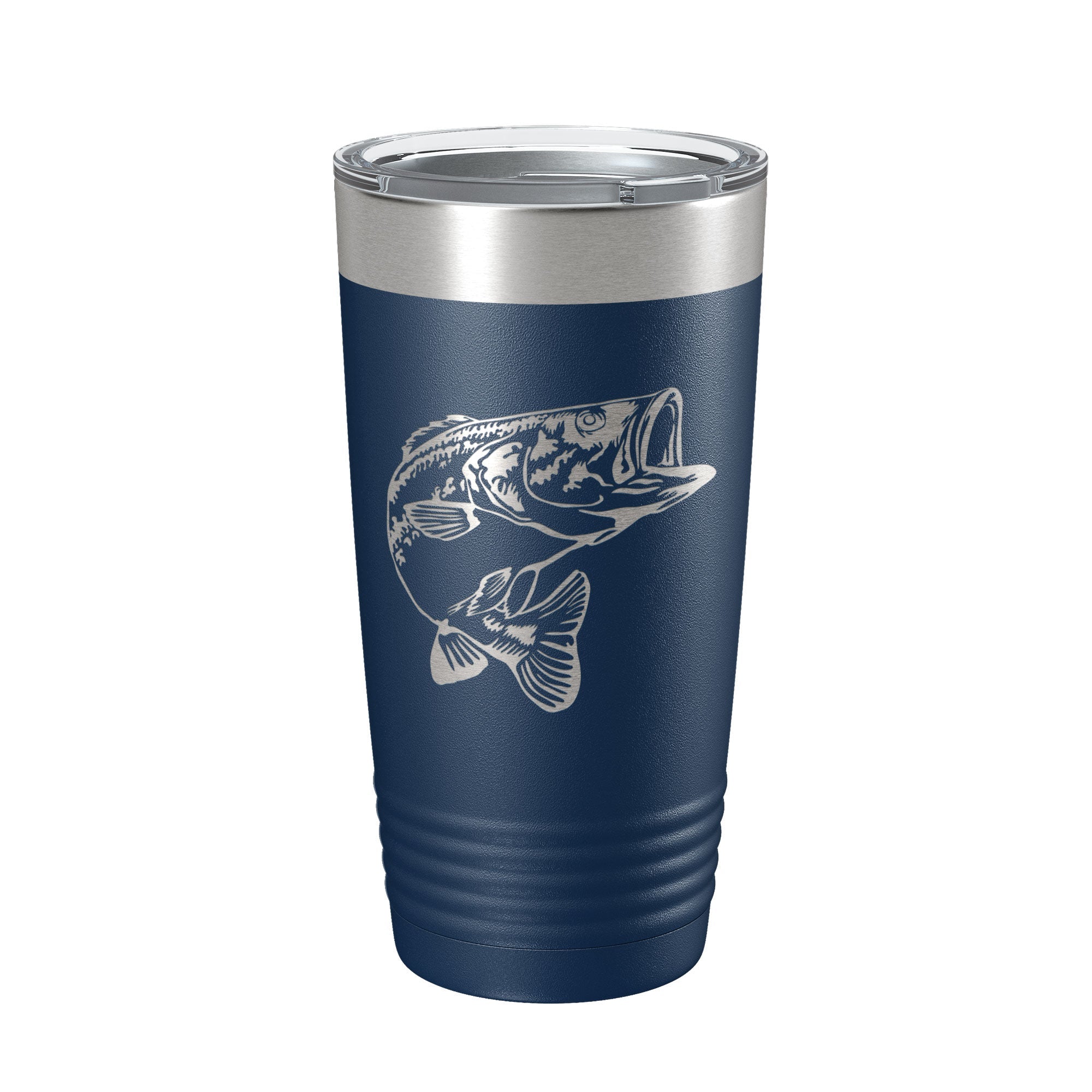 Side angle of Insulated Bass Fishing Tumbler showcasing laser engraving