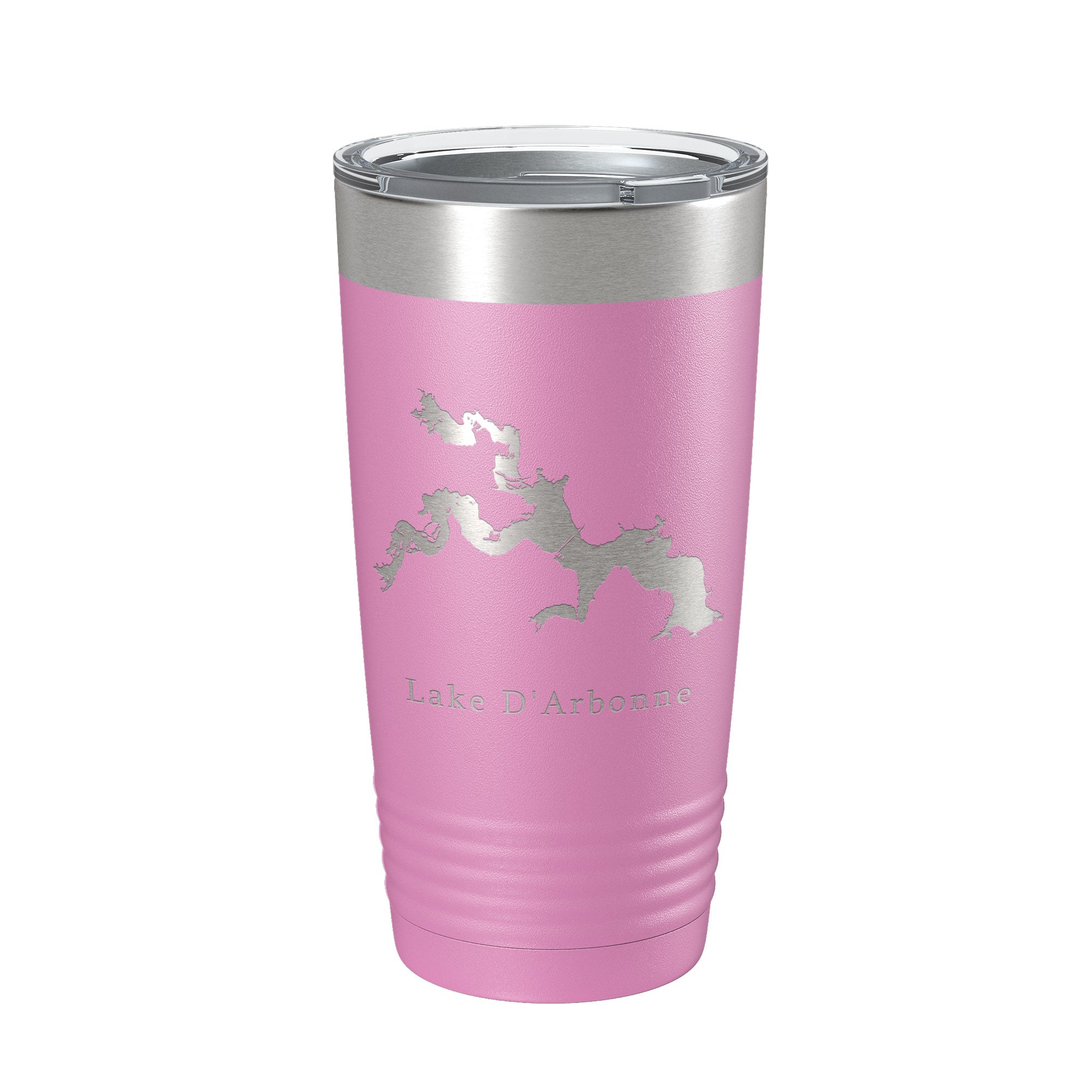 Side angle of Lake D'Arbonne Map Insulated Tumbler showcasing laser engraving