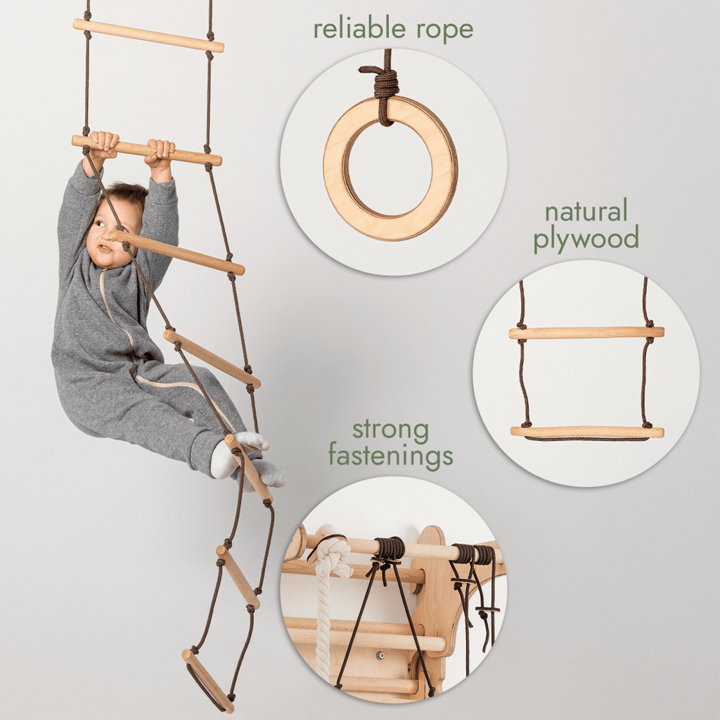 Side angle of Goodevas 3-in-1 Swing & Climbing Set with gym rings