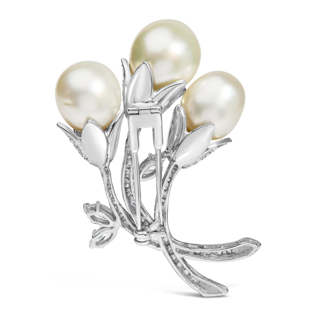 Elegant 18K White Gold Floral Brooch with Diamonds and Pearls by Infinite Jewels