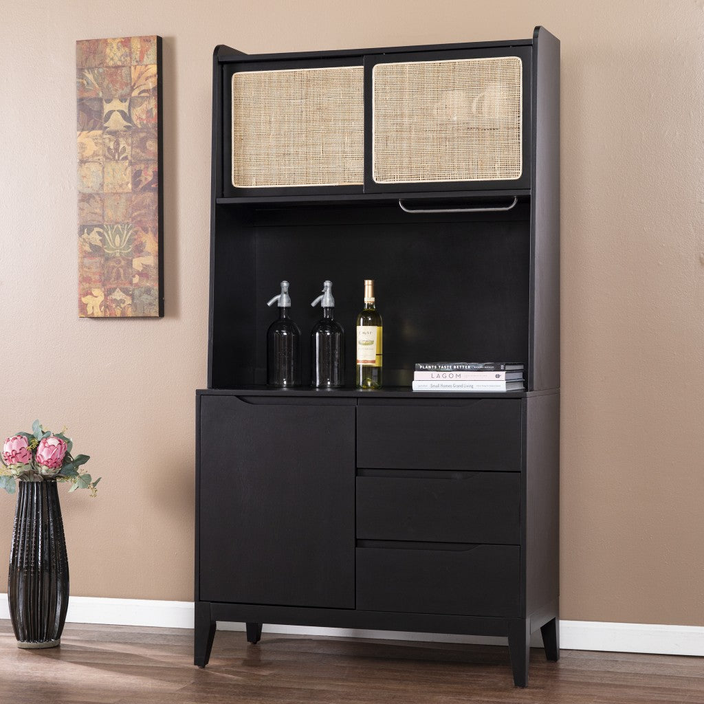 Corner view of Rustic Black and Light Bamboo Tall Buffet Cabinet in home decor