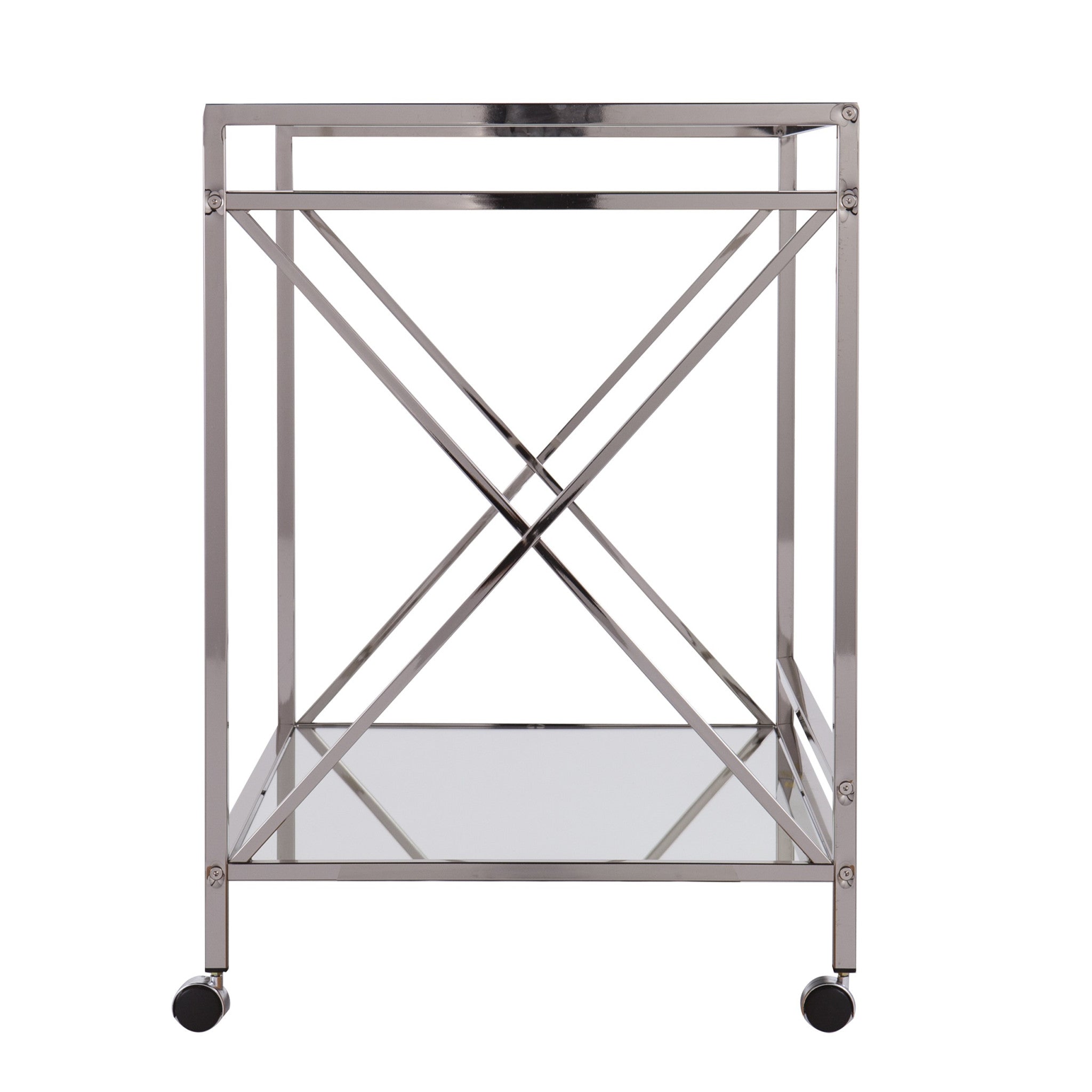 39" Silver Metal and Glass Rolling Bar Cart