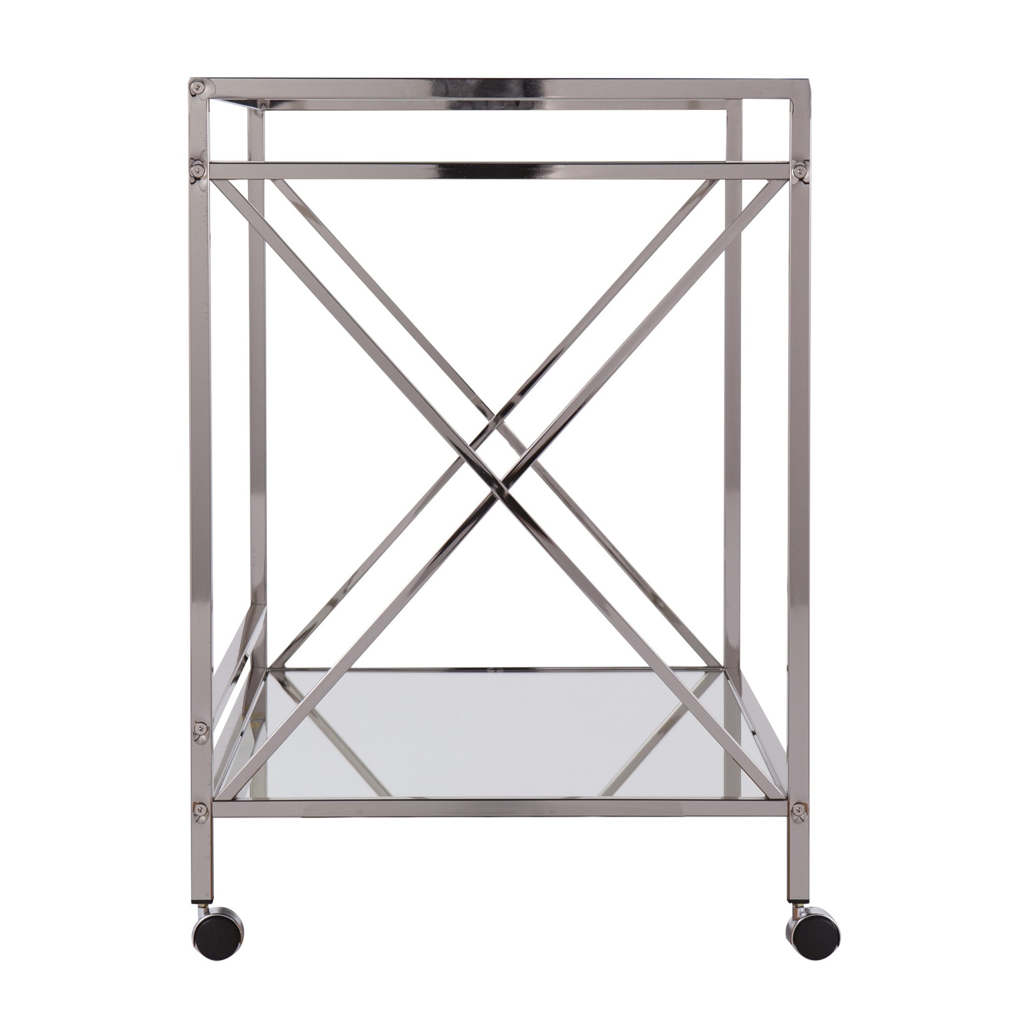 39" Silver Metal and Glass Rolling Bar Cart