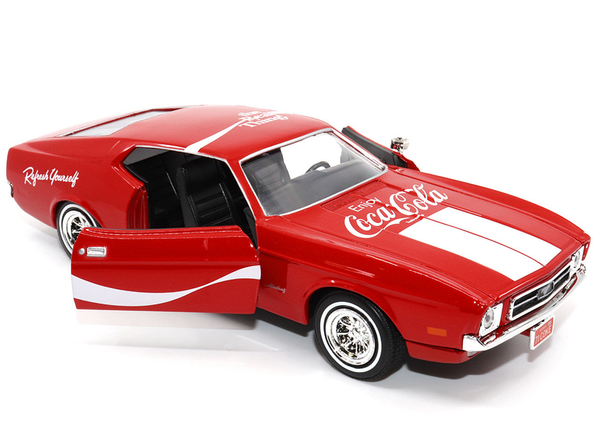 Open doors of the 1971 Ford Mustang Sportsroof Coca-Cola diecast model