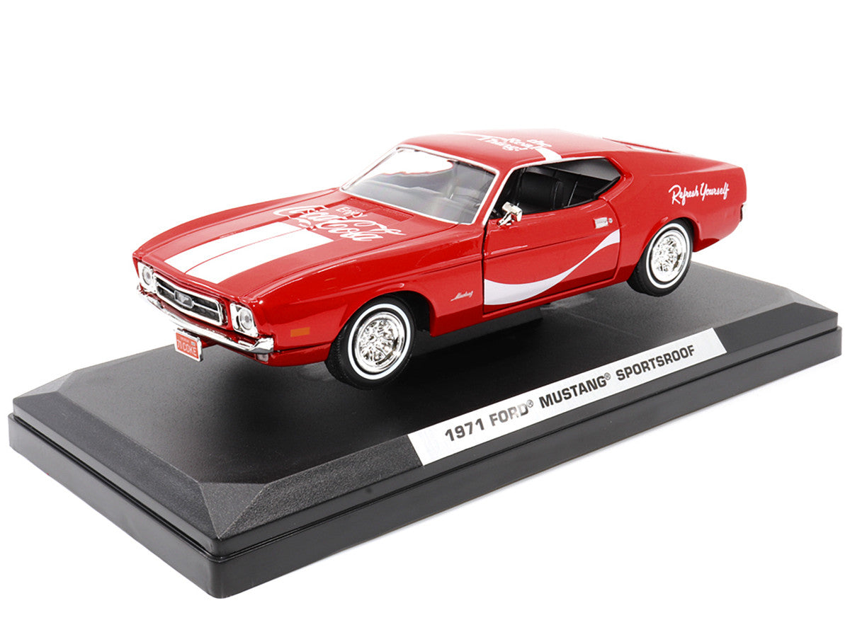 Rear view of 1971 Ford Mustang Sportsroof Coca-Cola diecast model in red