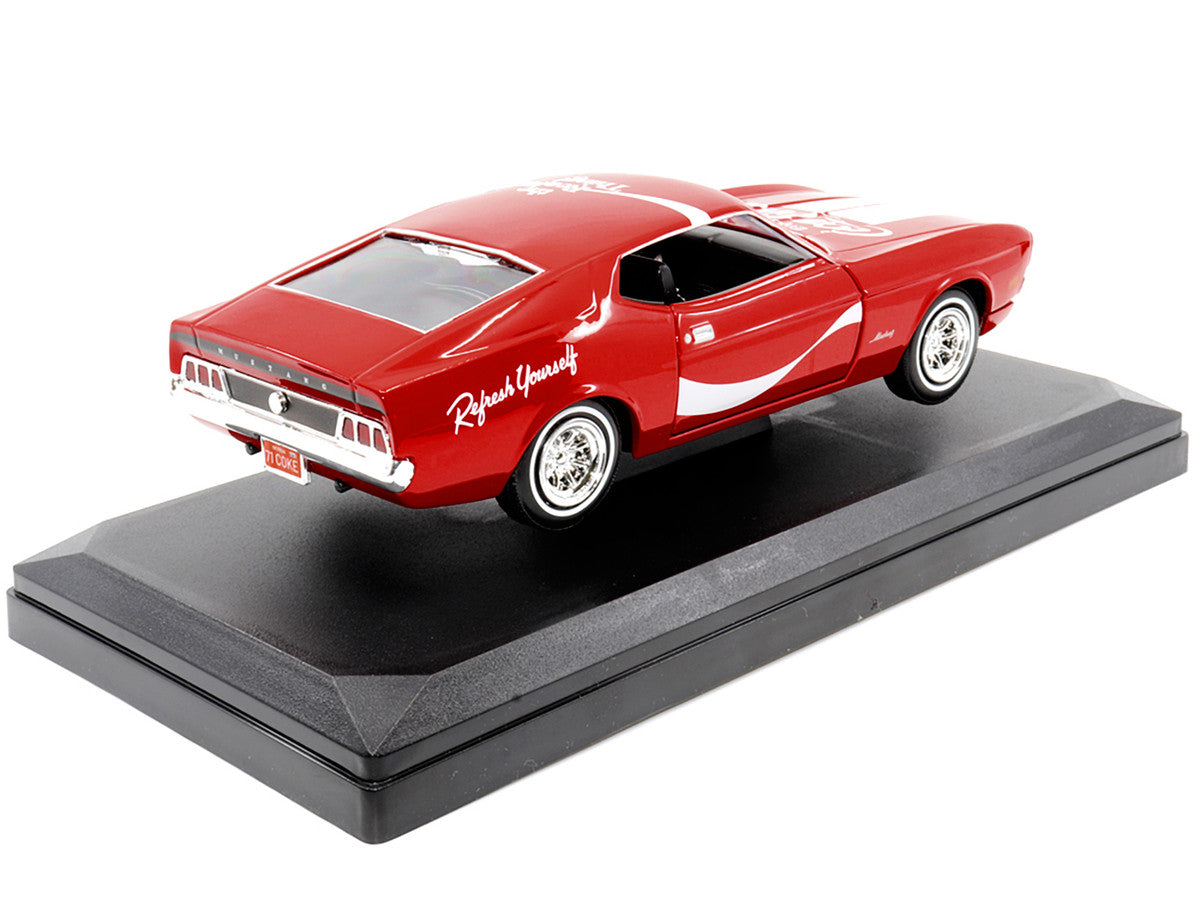 Front view of 1971 Ford Mustang Sportsroof Coca-Cola diecast model in red