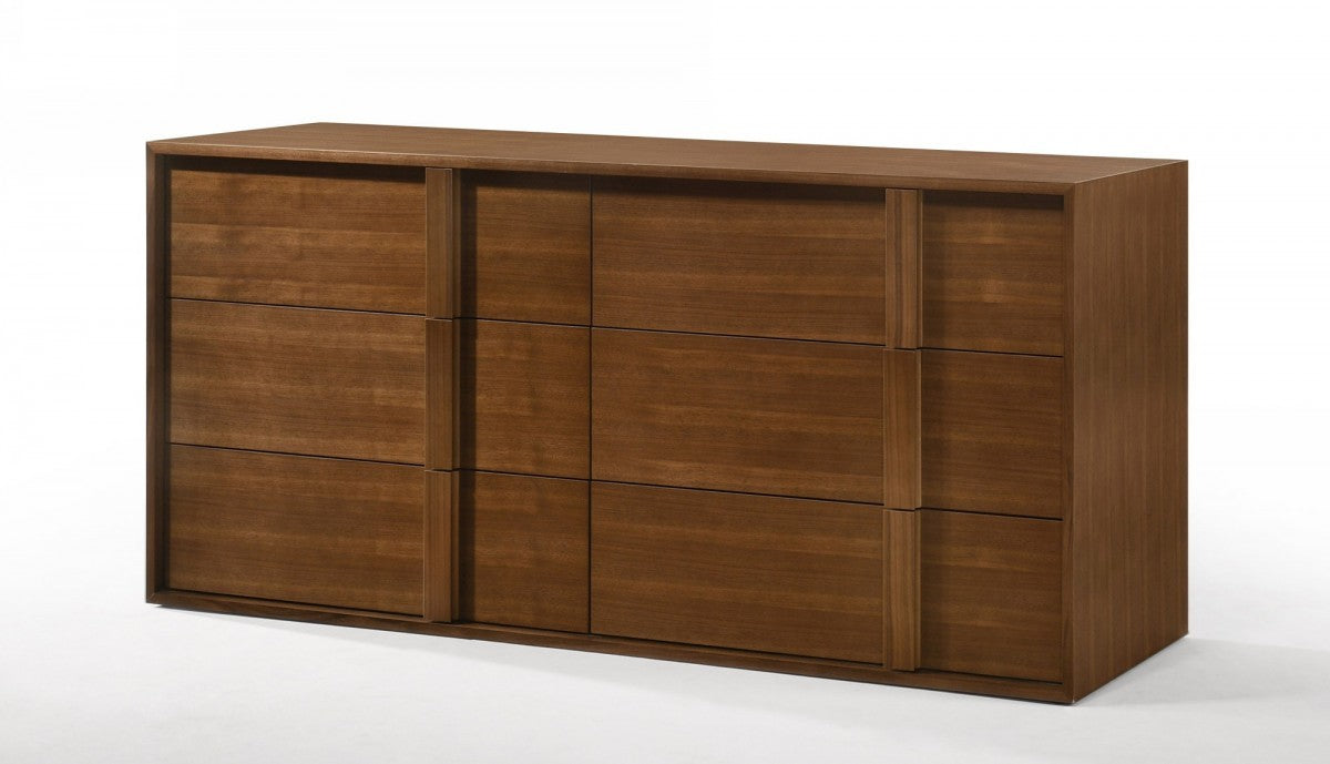 Side angle of 65" Walnut Solid Wood Double Dresser showcasing six drawers