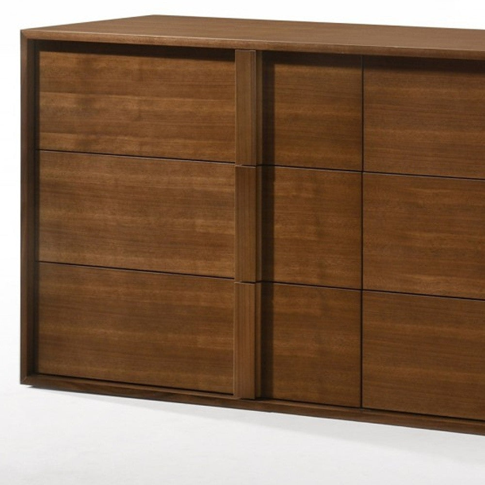 Close-up of the walnut finish on the 65" Solid Wood Double Dresser