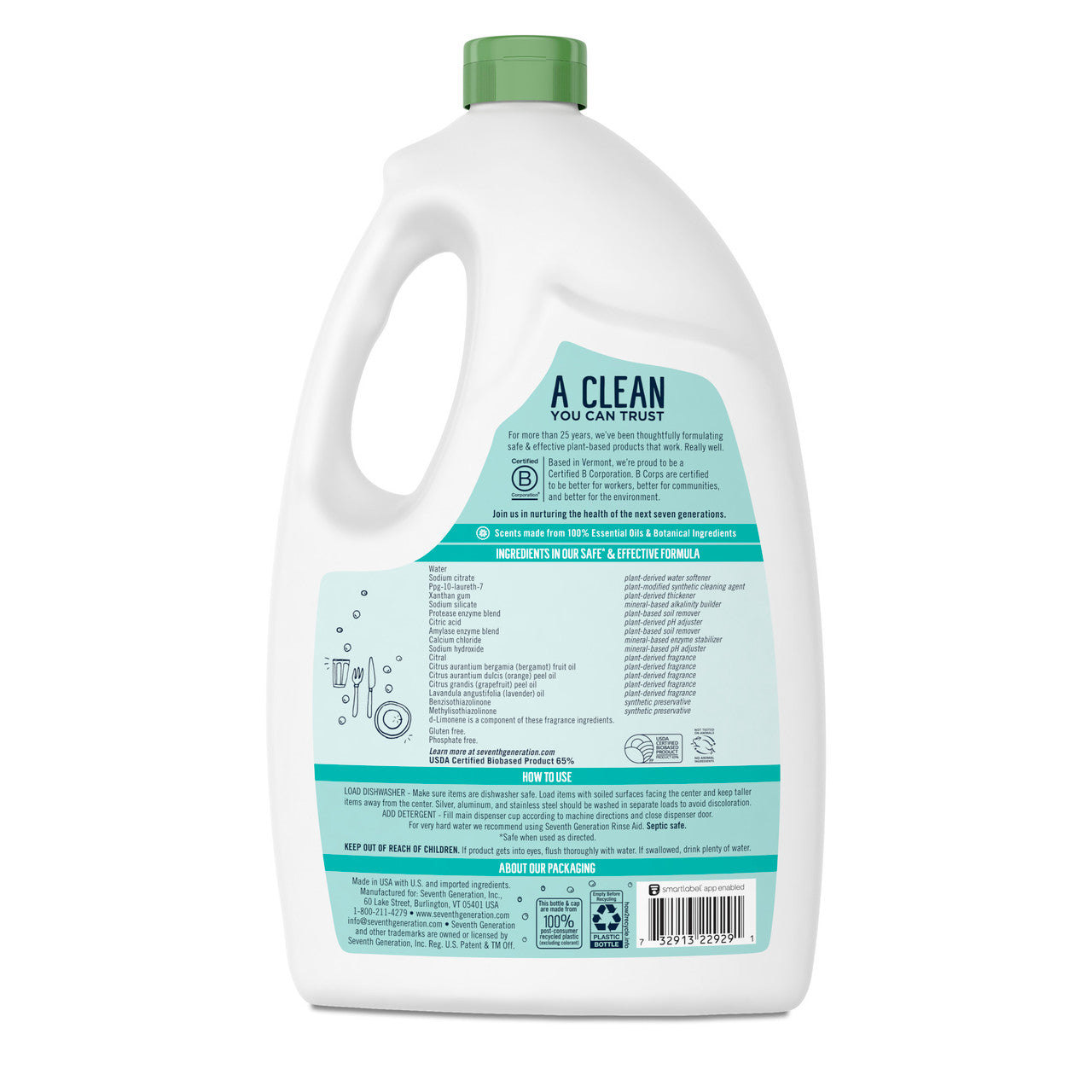 Close-up of 7 GEN Auto Dish Gel bottle showcasing eco-friendly label