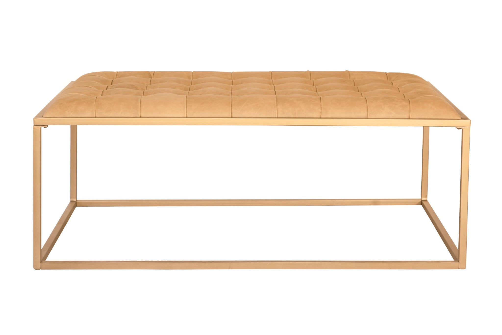 Elegant front view of 48" Gold and Brown Leather Coffee Table by Homeroots