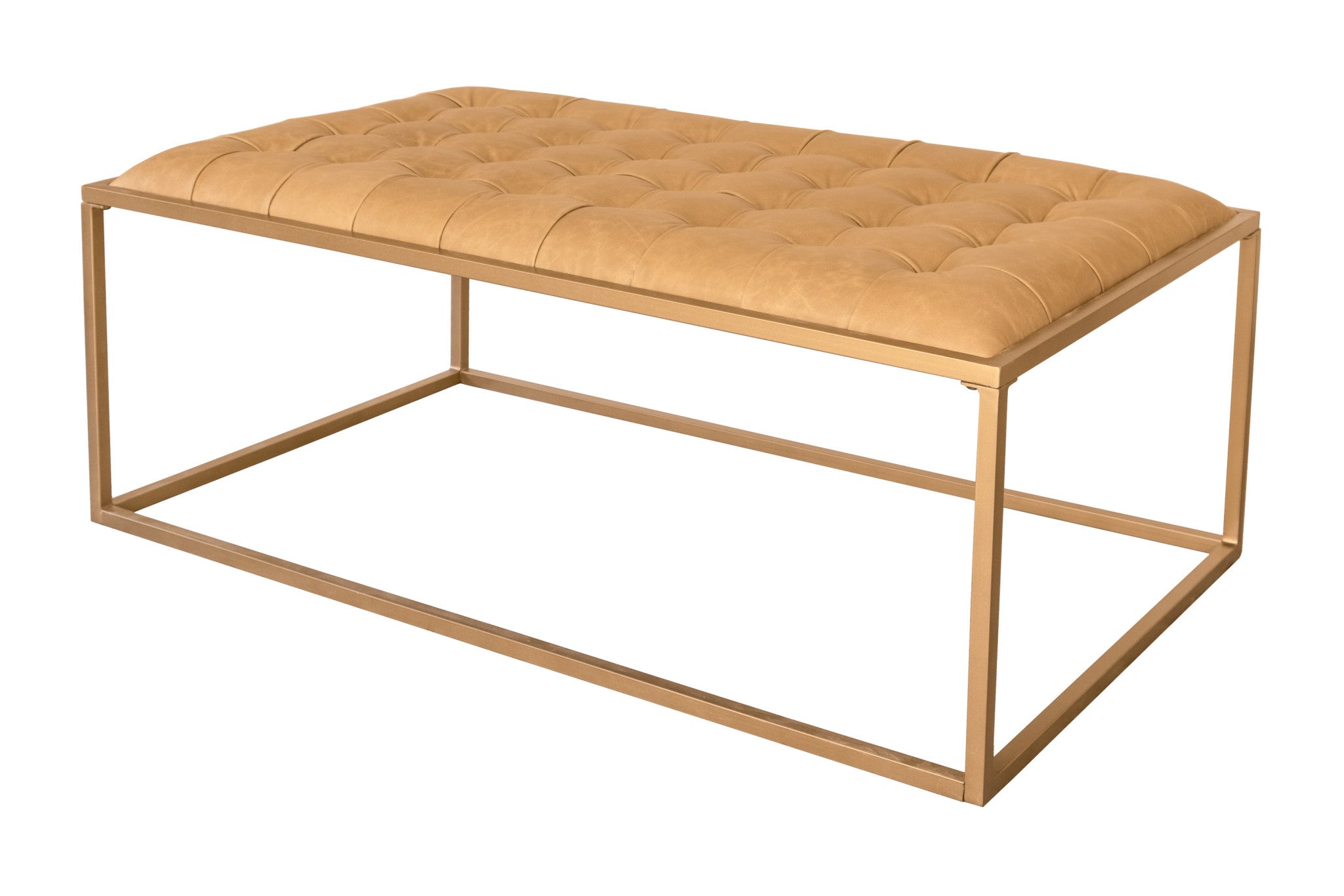 Side view showcasing the gold iron base of 48" Gold and Brown Leather Coffee Table