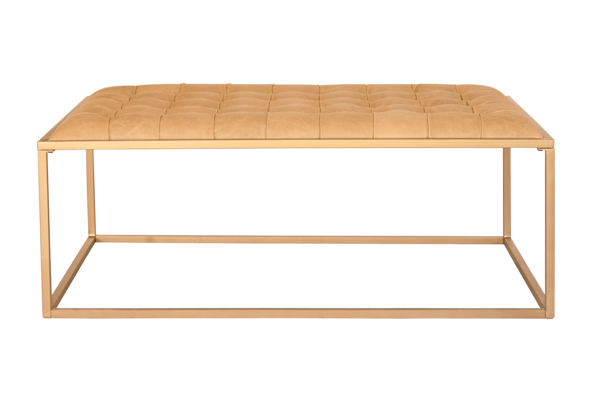 Close-up of the rich brown leather top of the 48" Gold and Brown Coffee Table