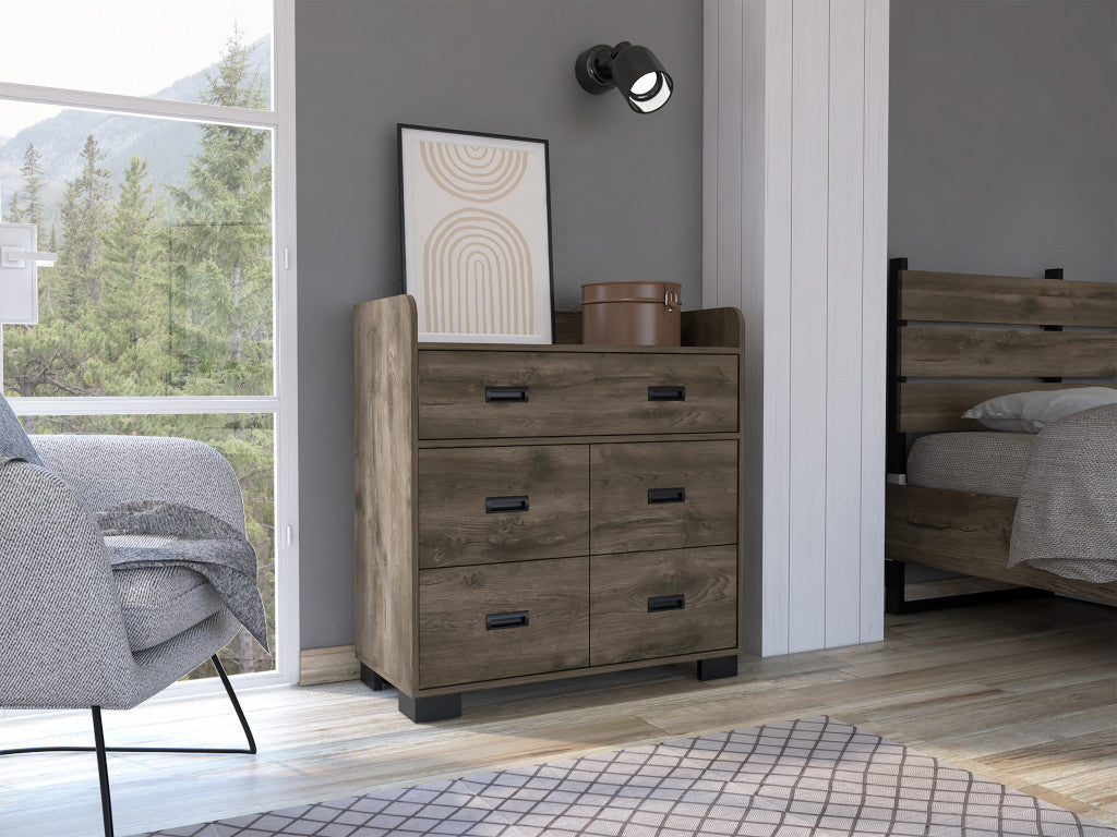 Side angle of 33" Dark Brown Five Drawer Dresser showcasing its spacious drawers