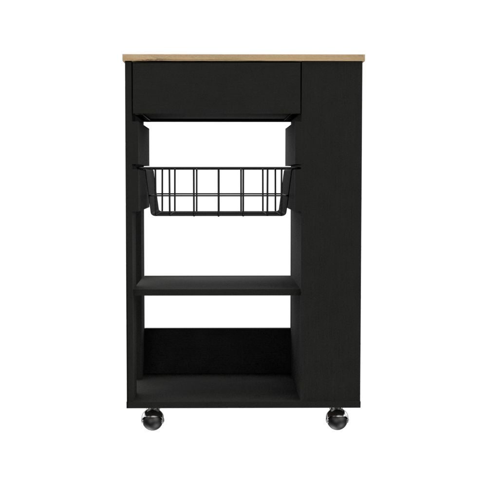 Black and Natural 22" Rolling Kitchen Cart With Storage
