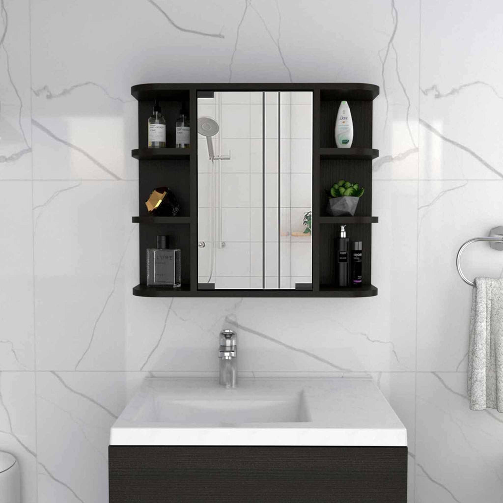 Open shelves of the Elegant Bathroom Vanity displaying organized toiletries