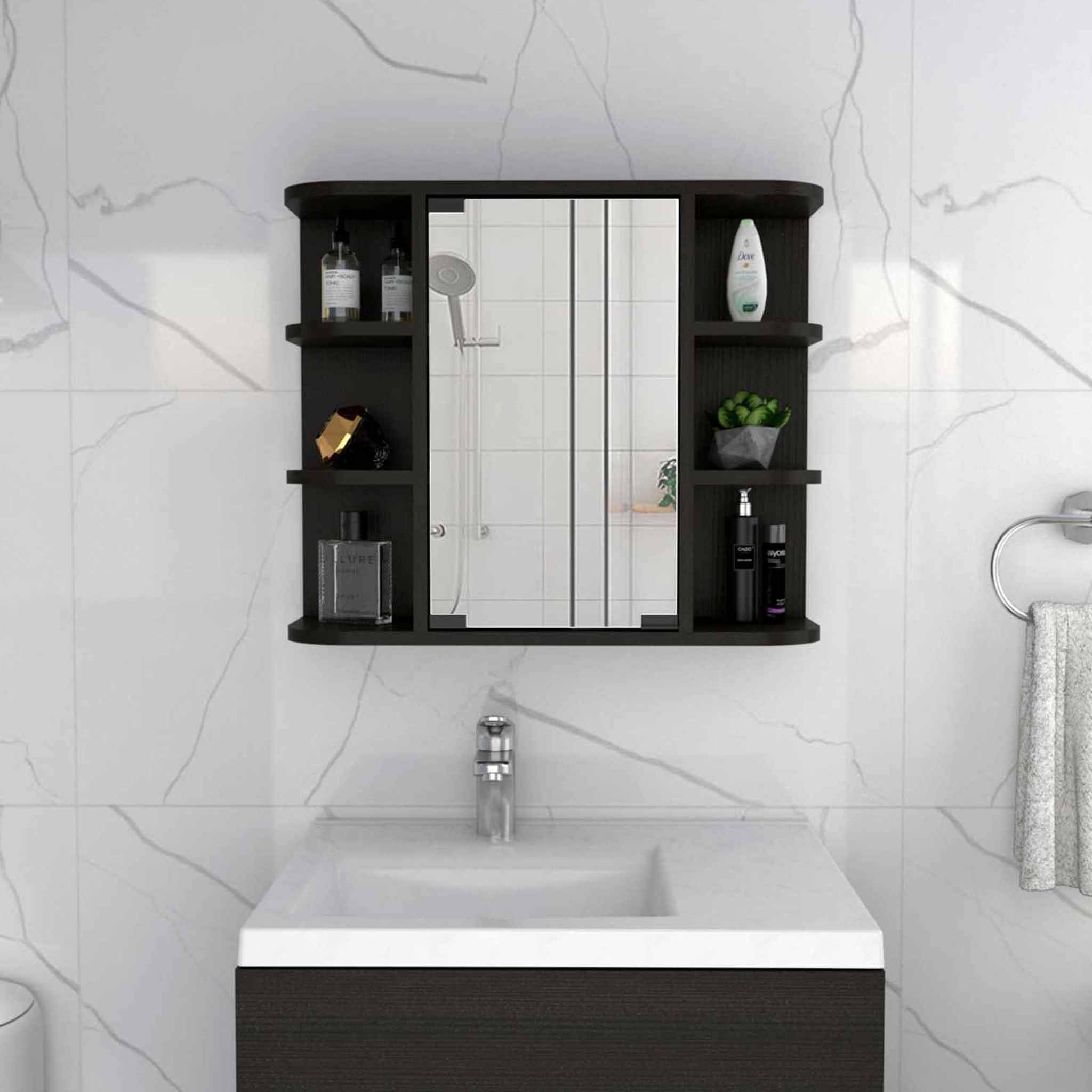 Open shelves of the Elegant Bathroom Vanity displaying organized toiletries