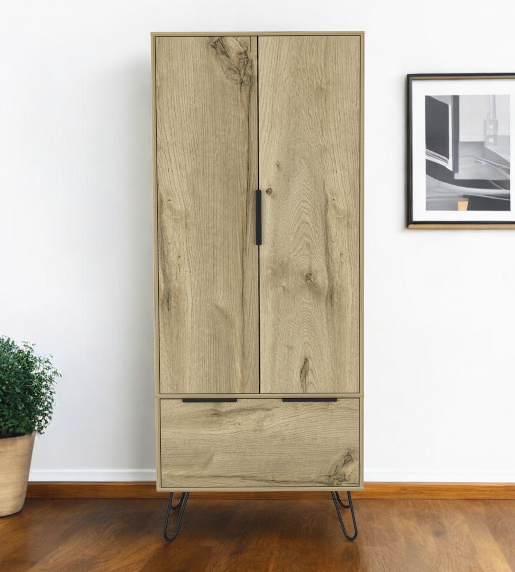 74" Oak Wood Two Door Single Drawer Combo Dresser