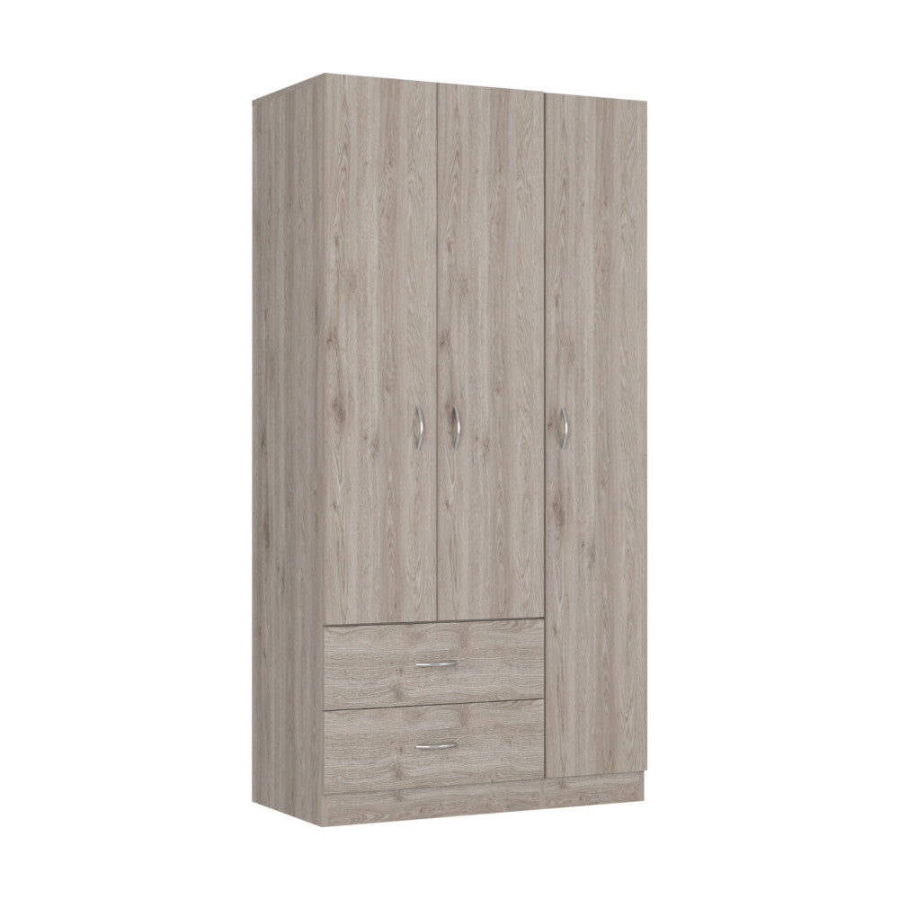 Side perspective of 71" Light Gray Two Drawer Combo Dresser showcasing storage