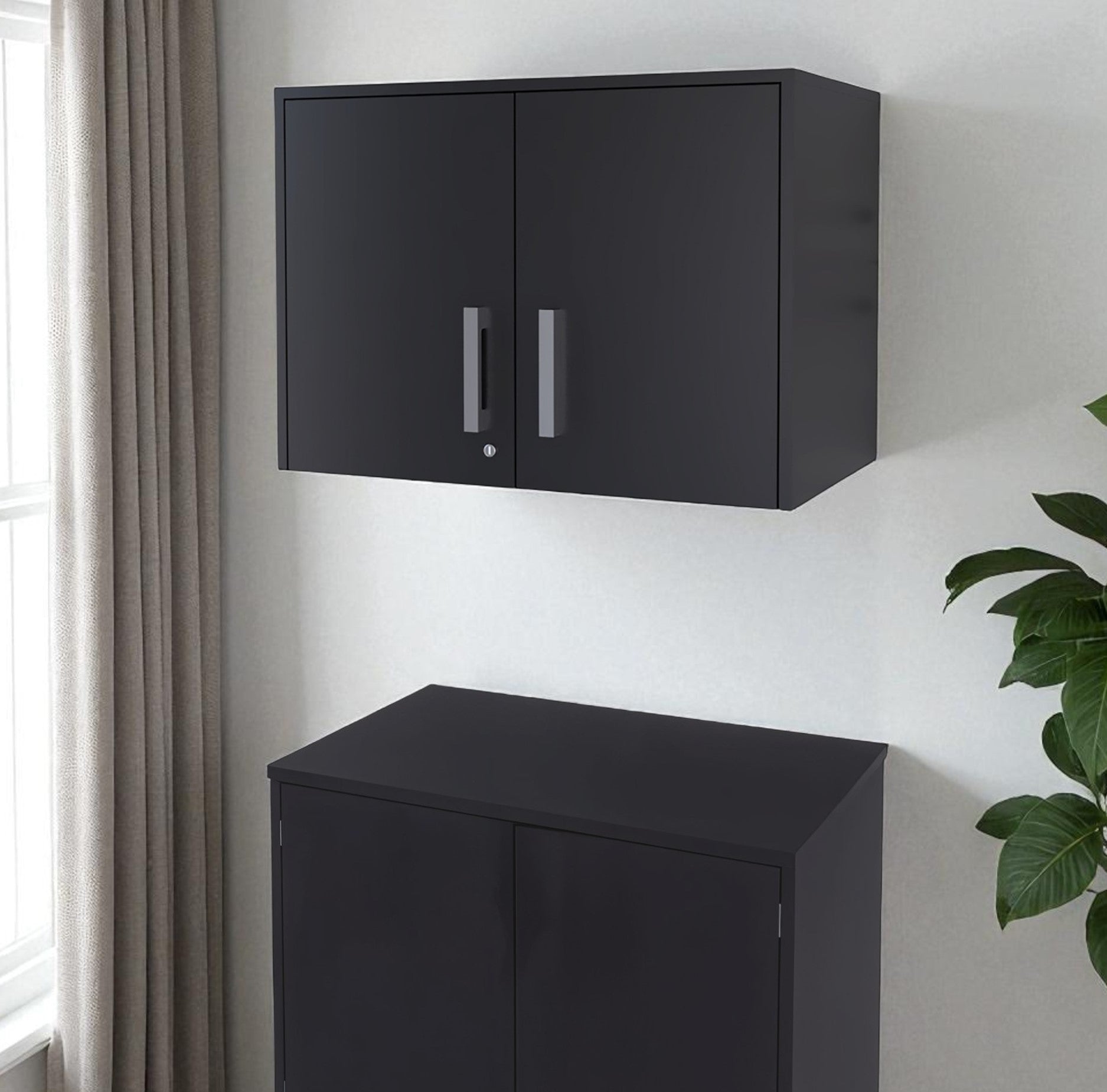 20" Black Wood Wall Mounted Storage Cabinet With Two Doors